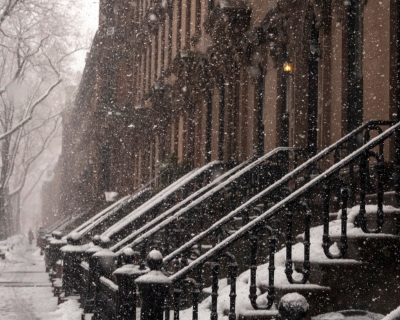 Snow in Brooklyn Neighborhood Brownstone rowhomes in light snowfall